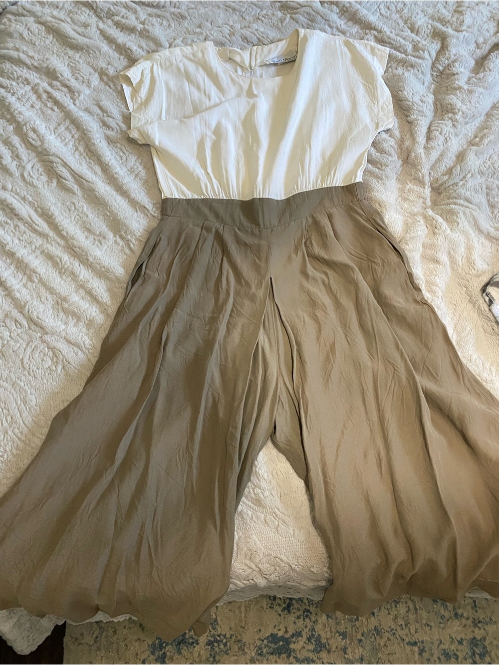 Sheri Martin White Top with Taupe Wide-Leg Jumpsuit